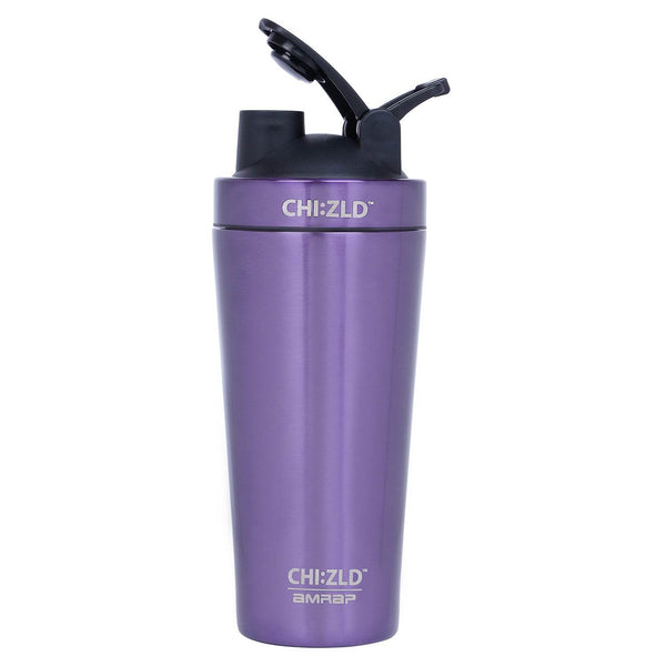 Metallic purple CHIZLD AMRAP Protein Shaker with bold white logo printed horizontally on the bottle.
