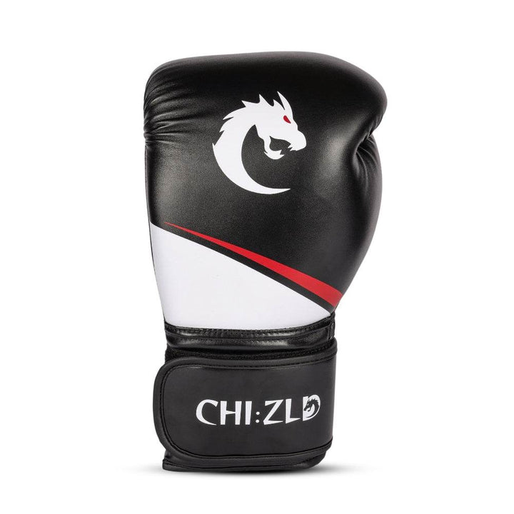 Front view of a single glove highlighting full-size white dragon graphic above sweeping white/red panel and CHIZLD word-mark on hook-and-loop closure.