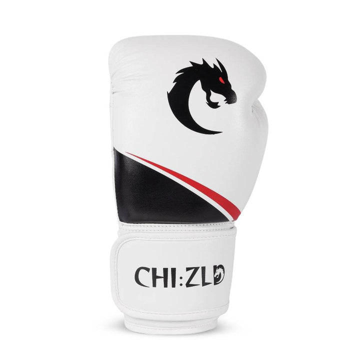 Front view of a single glove highlighting full-size black dragon graphic above sweeping black/red panel and CHIZLD word-mark on hook-and-loop closure.