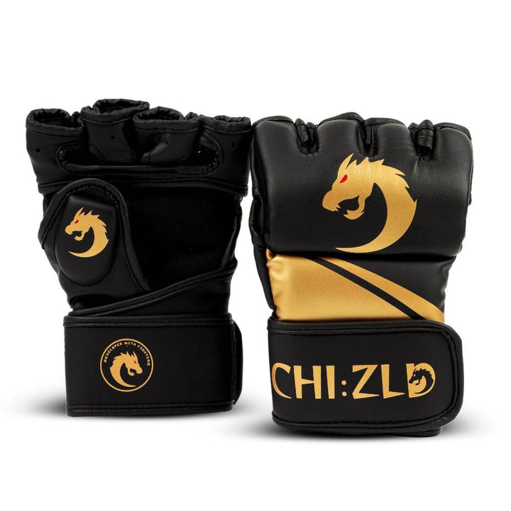 Front view of paired black/gold open-finger MMA gloves: gold dragon-head logo on knuckle padding and gold swoosh across lower panel above CHIZLD-branded wrist straps.