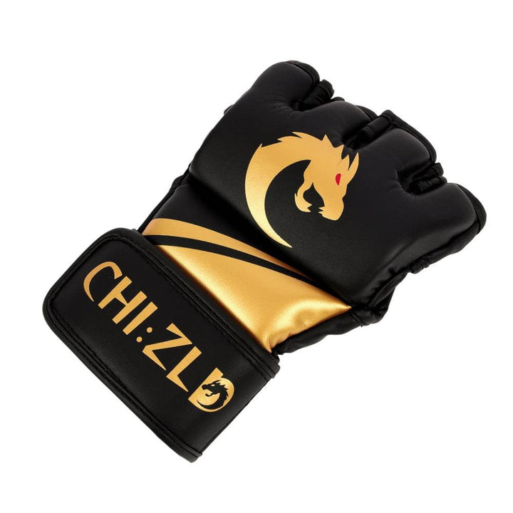 Angled shot of a single glove displaying padded knuckles, diagonal gold accent, and wide hook-and-loop strap with CHIZLD word-mark.