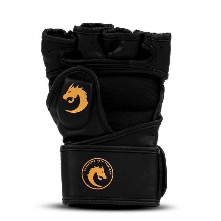 Rear (palm) view highlighting segmented foam panels, breathable mesh insert, and small golden dragon logo patch near thumb.