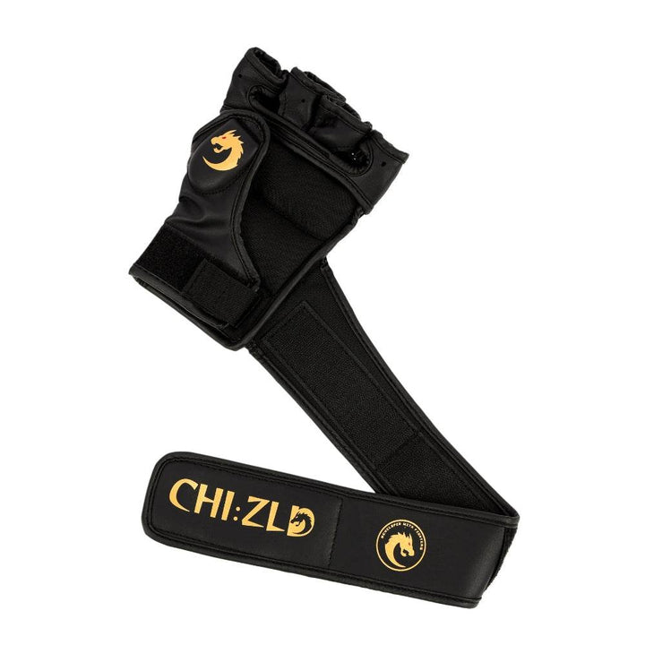 Glove with extra-long wrap fully extended to reveal elastic support band and screened golden CHIZLD dragon emblems.