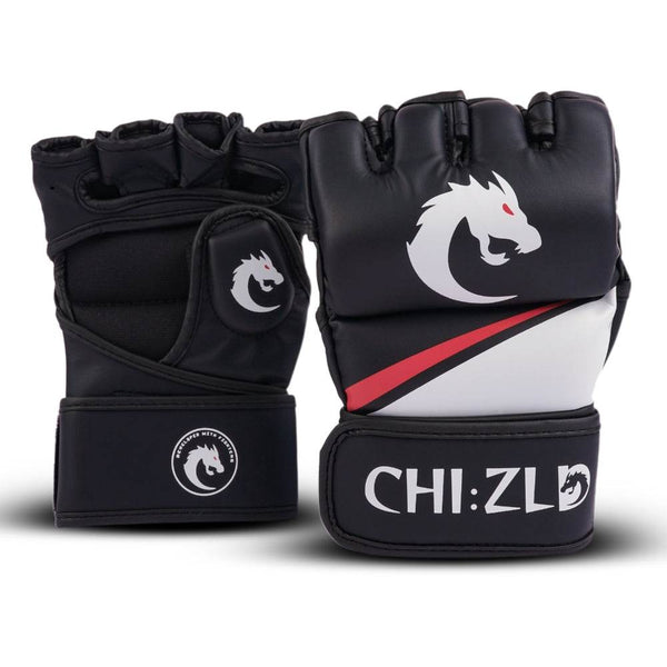 Front view of paired black open-finger MMA gloves: white dragon-head logo on knuckle padding and red/white swoosh across lower panel above CHIZLD-branded wrist straps.