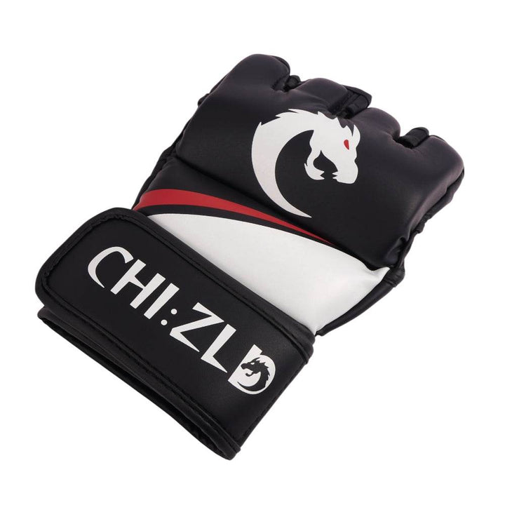 Angled shot of a single glove displaying padded knuckles, diagonal red accent, and wide hook-and-loop strap with CHIZLD word-mark.