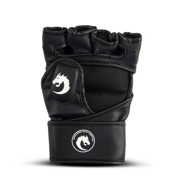Rear (palm) view highlighting segmented foam panels, breathable mesh insert, and small dragon logo patch near thumb.