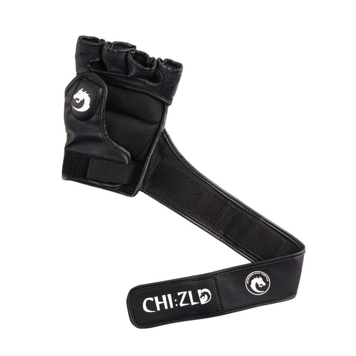 Glove with extra-long wrap fully extended to reveal elastic support band and screened CHIZLD dragon emblems.