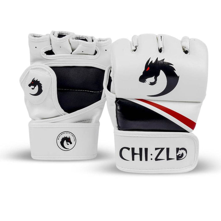 Front view of paired white open-finger MMA gloves: black dragon-head logo with red eyes on knuckle padding and black/red swoosh across lower panel above CHIZLD-branded wrist straps.