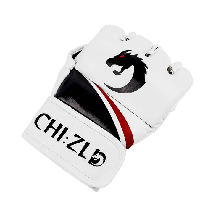 Angled shot of a single glove displaying padded knuckles, diagonal black/red accent, and wide hook-and-loop strap with CHIZLD word-mark.