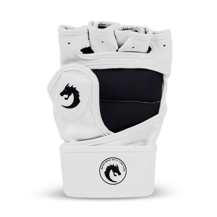 Rear (palm) view highlighting segmented foam panels, breathable mesh insert, and small dragon logo patch near thumb.