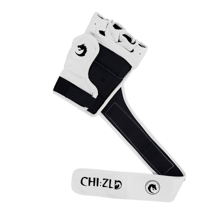 Glove with extra-long wrap fully extended to reveal elastic support band and screened CHIZLD dragon emblems.