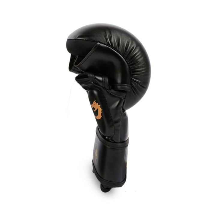 Opposite side profile revealing thumb guard, open palm cut-out, and small dragon logo patch on inner wrist.