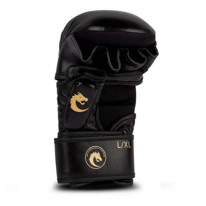 Rear (palm) view: segmented finger padding, black neoprene palm panel, and adjustable wrist strap marked “L/XL”.