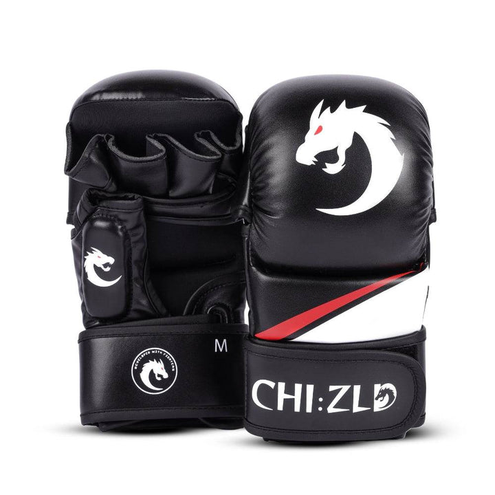 Front view of paired black MMA-style sparring gloves with padded knuckle shell, white dragon-head logo, and diagonal red/white accent stripe.