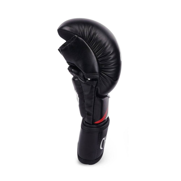 Opposite side profile revealing thumb guard, open palm cut-out, and small dragon logo patch on inner wrist.