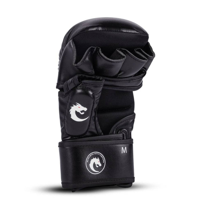 Rear (palm) view: segmented finger padding, black neoprene palm panel, and adjustable wrist strap marked “M”.