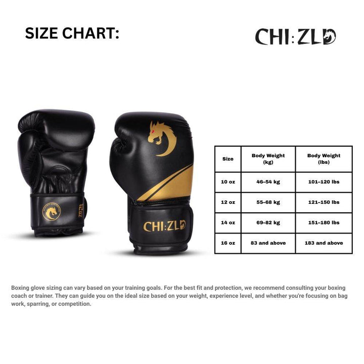 Black-and-gold CHIZLD boxing gloves pictured left, with a chart on the right listing recommended glove weights by body weight: 10 oz for 46–54 kg / 101–120 lbs, 12 oz for 55–68 kg / 121–150 lbs, 14 oz for 69–82 kg / 151–180 lbs, and 16 oz for 83 kg + / 183 lbs +. Footer note advises consulting a coach for best fit.
