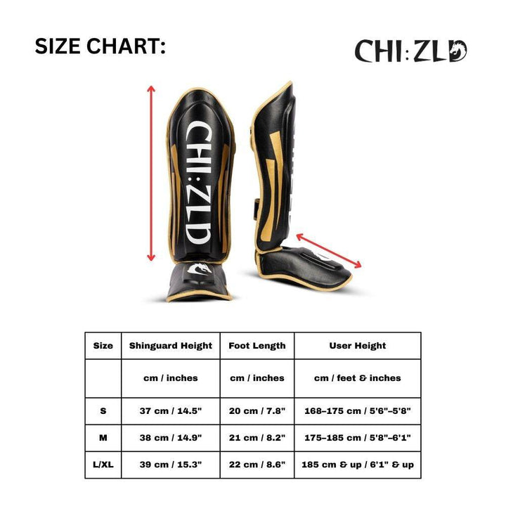 Size-chart graphic: image of a shinguard with red arrows marking shin height and foot length above a table listing S, M, L/XL dimensions and recommended user heights.
