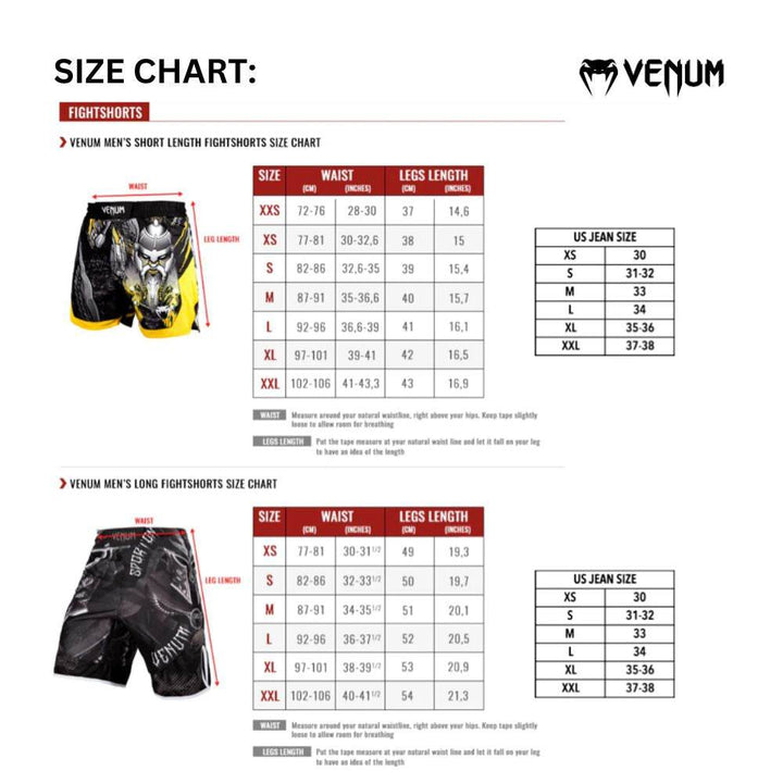 Venum fightshorts size chart for men, showing measurements for short and long length styles. Includes sizes XXS to XXL with corresponding waist (cm/inches) and leg length (cm/inches). US jeans size conversion guide included for each size range.