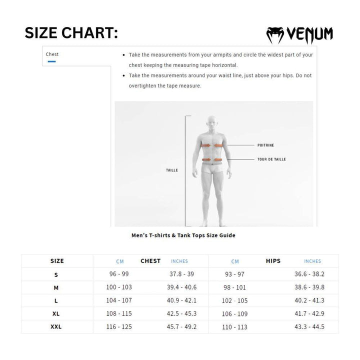 Venum men’s T-shirts & tank tops size guide displaying chest and hips measurements in cm/inches for sizes S to XXL.