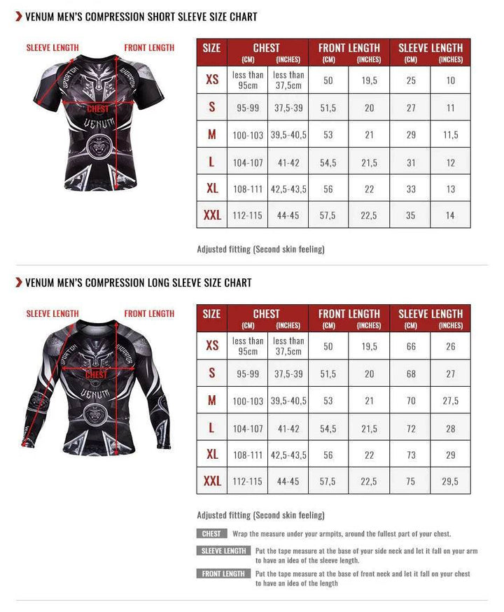 Venum men's compression wear size chart showing measurements for short and long sleeve rash guards (XS to XXL), with chest, front length, and sleeve length in cm/inches. Diagrams highlight measurement points.