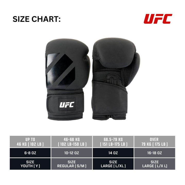 Size-chart graphic: two generic black UFC boxing gloves above a table recommending Youth (6-8 oz), Regular (10-12 oz), Large (14 oz) and XL (16-18 oz) glove weights by body-weight range.