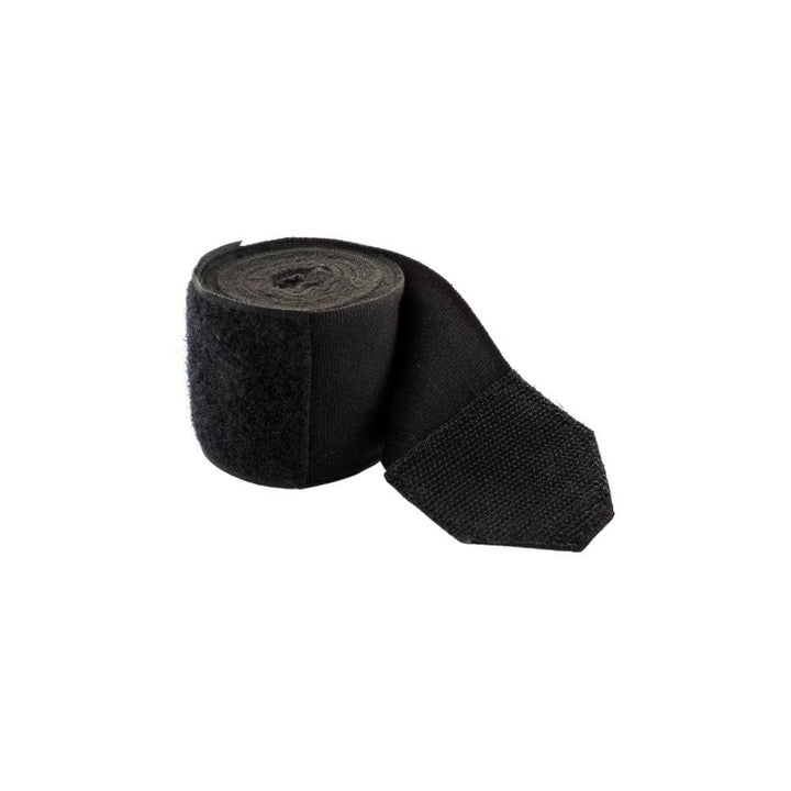 Black hand wrap with several centimetres unrolled, revealing the hook-and-loop (Velcro) end tab and thumb loop.