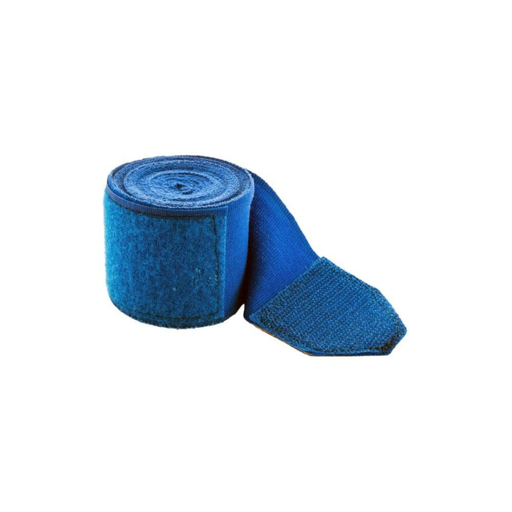 Blue wrap partially unrolled; hook-and-loop fastener and matching thumb loop visible.