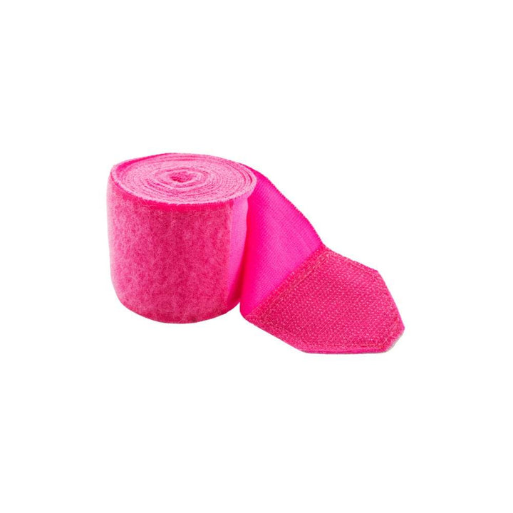 Pink wrap with section unrolled, displaying black hook-and-loop closure and thumb loop against the pink fabric.