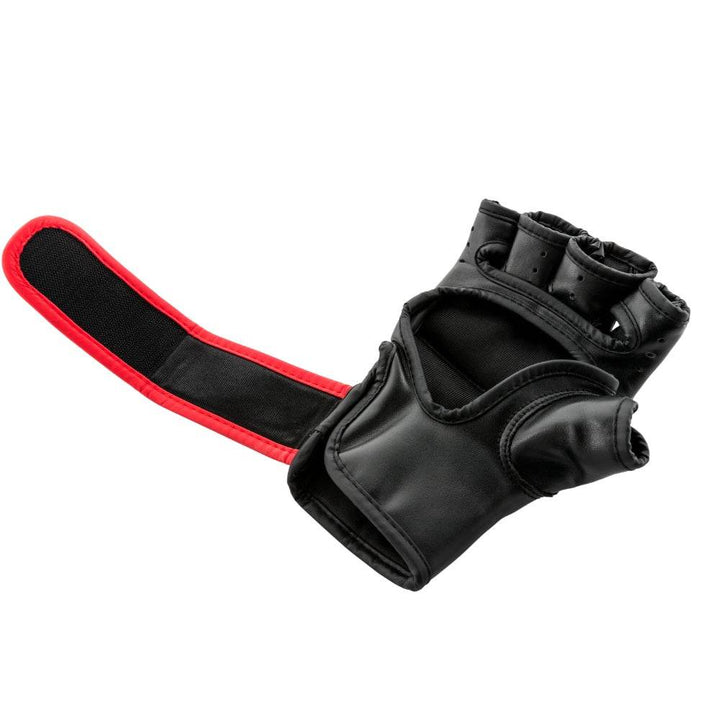Strap fully open – Glove lying flat with long black-and-red strap extended, showing inner loop surface and anchor patch on palm side.
