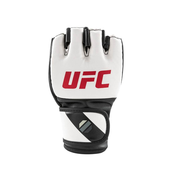 Closed-fist glove straight on, showing four padded finger peaks, smooth white shell and centered red logo; strap tab neatly curved around wrist.