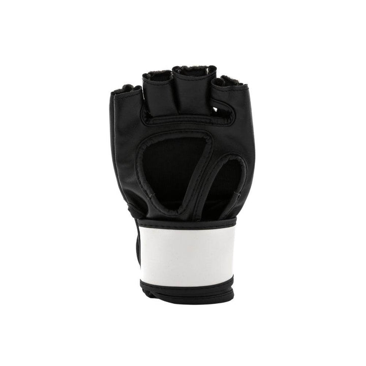 Glove flipped to reveal open-palm design: breathable black nylon interior, ergonomic thumb channel and wide white cuff wrap.