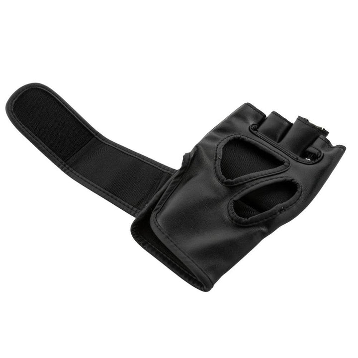 Glove resting palm-down with long black strap extended to show soft loop interior and anchor patch.