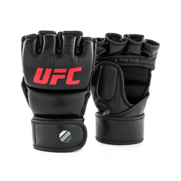 Pair overview – Front-and-back display of gloves: matte-black finish with bold red “UFC” across knuckles, opposite glove shows open-palm design, padded thumb and wraparound wrist strap featuring grey tonal-octagon icon.
