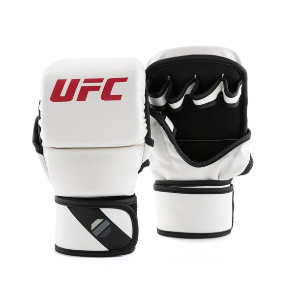 Pair overview – Front and back gloves side-by-side: snow-white padding with bold red “UFC” on knuckles, contrasting black open-palm side showing four finger loops; black-trimmed wrist with diagonal black panel and grey octagon icon.