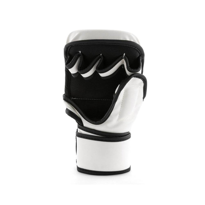 Single glove – palm side – Open-hand shot highlighting black elastic palm panel, white finger loops piped in black, recessed thumb channel and full wrap wrist cuff.