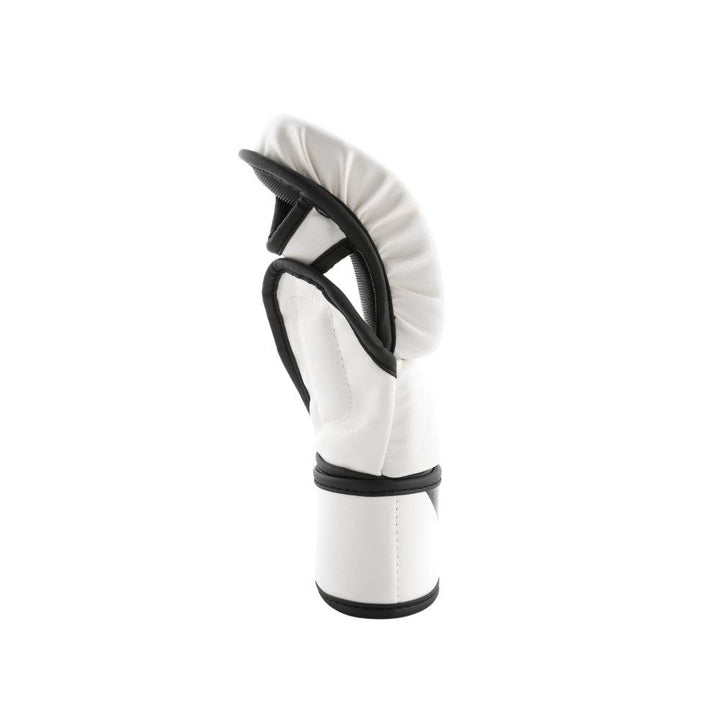 Side profile – thumb edge – Glove turned sideways displaying pleated white thumb shield, curved finger padding and black edging around palm opening.