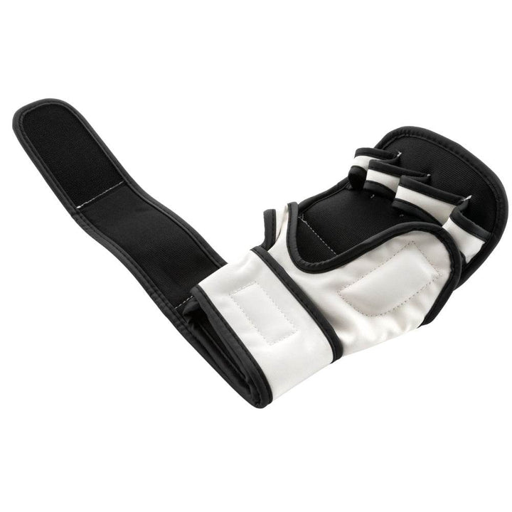 Strap fully open – Glove unfastened flat; long black inner strap, white exterior, showing hook panel, soft lining and elastic keeper loop near palm.