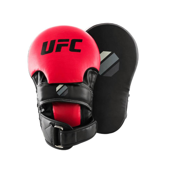 Pair angled – Red/black palm-side mitt overlapped with its black striking-face partner, showing overall length and curved silhouette.