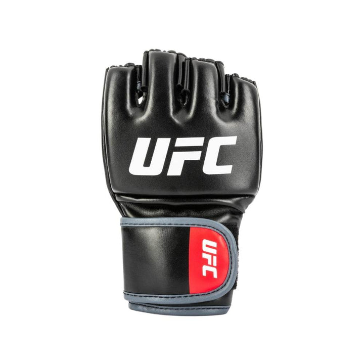Closed-fist glove straight on, showing four padded finger peaks and centered red logo; red-trimmed strap amd gray curves across wrist.