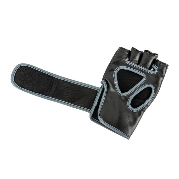 Glove palm-down with long black strap extended, exposing soft loop interior and anchor hook patch.