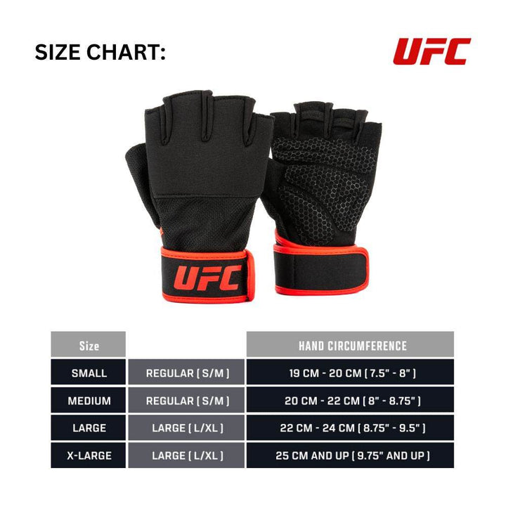 Size-chart graphic: Infographic with photo of the glove pair at top, UFC logo, and a table listing sizes (S–XL) alongside recommended hand-circumference measurements in centimetres and inches.