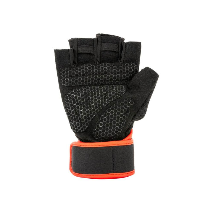 Single glove – palm side: Palm view of a single glove highlighting textured hexagonal grip zones across the palm and thumb, plus thick red-edged wrist support strap secured with hook-and-loop.