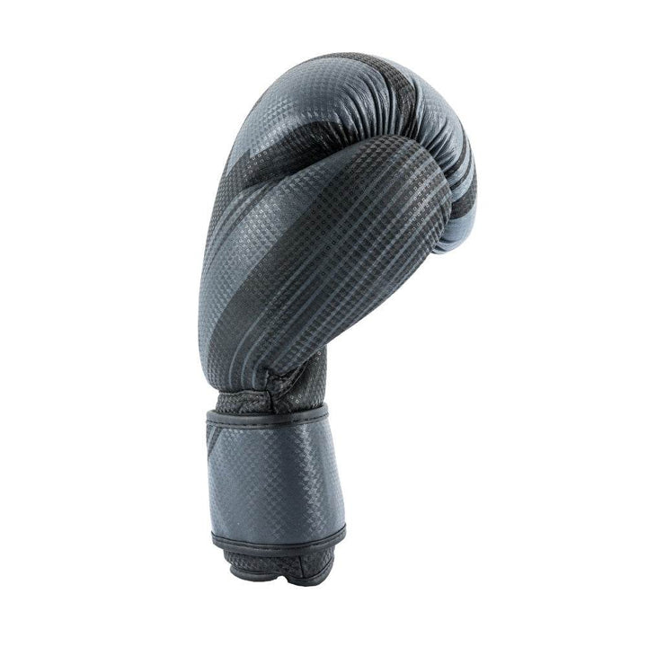Palm-side view of a black UFC Performance Rush boxing glove, highlighting the breathable mesh panel, padded grip bar, contoured thumb guard, and partially wrapped hook-and-loop wrist strap.