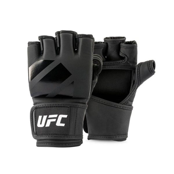 Pair overview – Front/back display of two training gloves: matte-black backhand with glossy black diagonal graphic, open-palm glove behind shows breathable mesh panel and finger loops; white “UFC” patch on wrist strap.