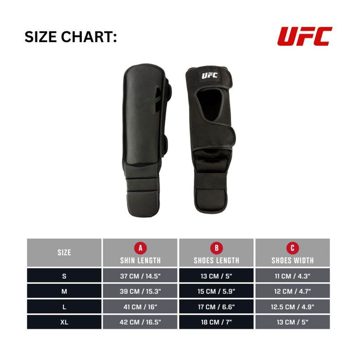 Size-chart graphic: Infographic with product photo at top and table below listing sizes S-XL with corresponding shin length, foot (shoe) length, and foot width measurements in centimetres and inches.