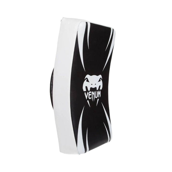 Front view of the Venum Absolute Long Kick Shield in black with white Venum snake logo and aggressive graphic streaks.