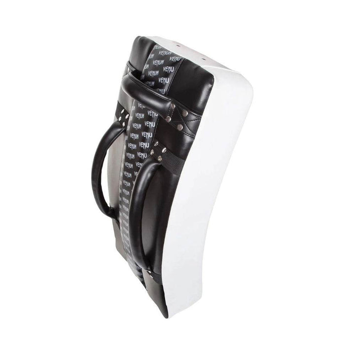 Rear view showing dual curved grip handles and double arm straps on the Venum Absolute Long Kick Shield, with black padding and Venum logo print.