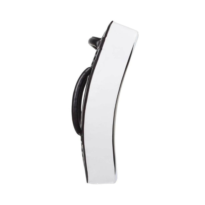 Side profile of the Venum Absolute Long Kick Shield showing its ergonomic curve and thick white side padding.