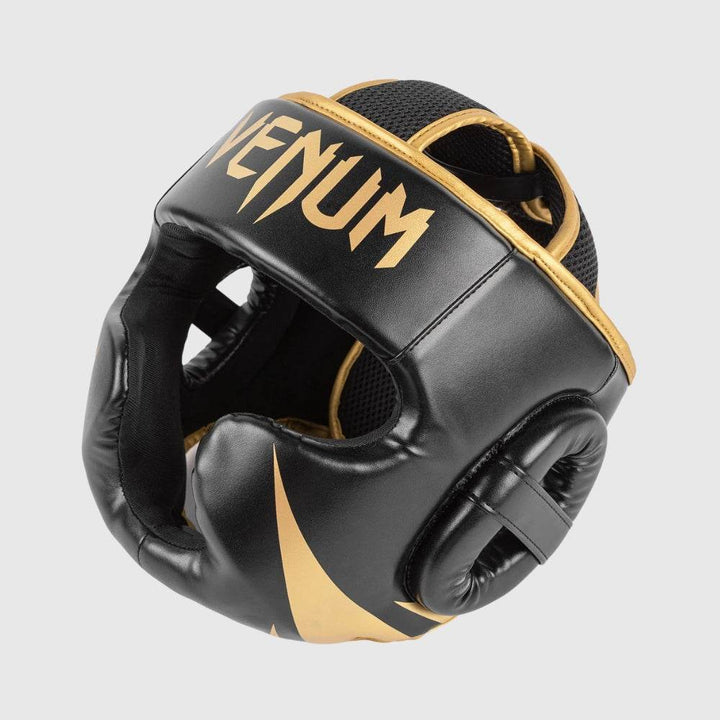Angled side-back view of Venum headgear displaying the wraparound ear protection and reinforced stitching.